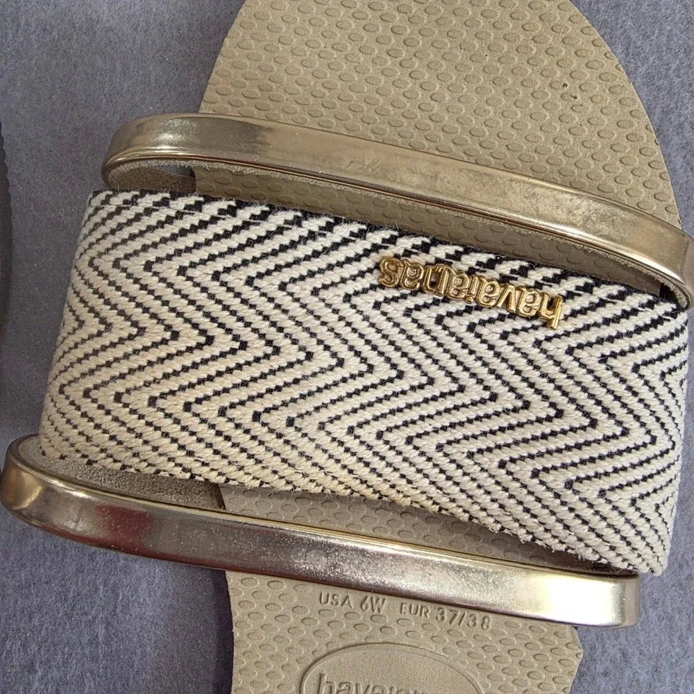 Havaianas You Saint Tropez Mesh Sandals Gold Chevron Slide Womens 6W EUR 37/38 - Picture 3 of 5